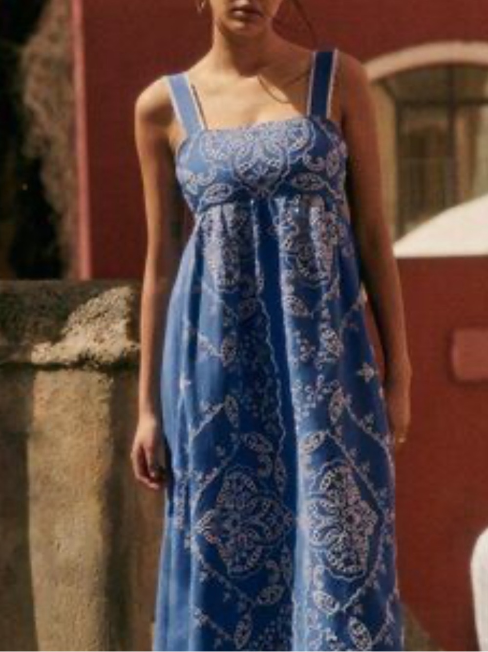 Sezane Sylvette Midi Dress in Blue Ecru Womens 38 Embroidered Eyelet Bohemian